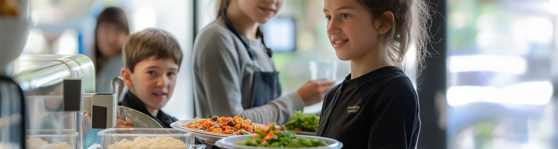 Ein Mädchen steht mit ihrem Essen an der Essensausgabe der Mensa