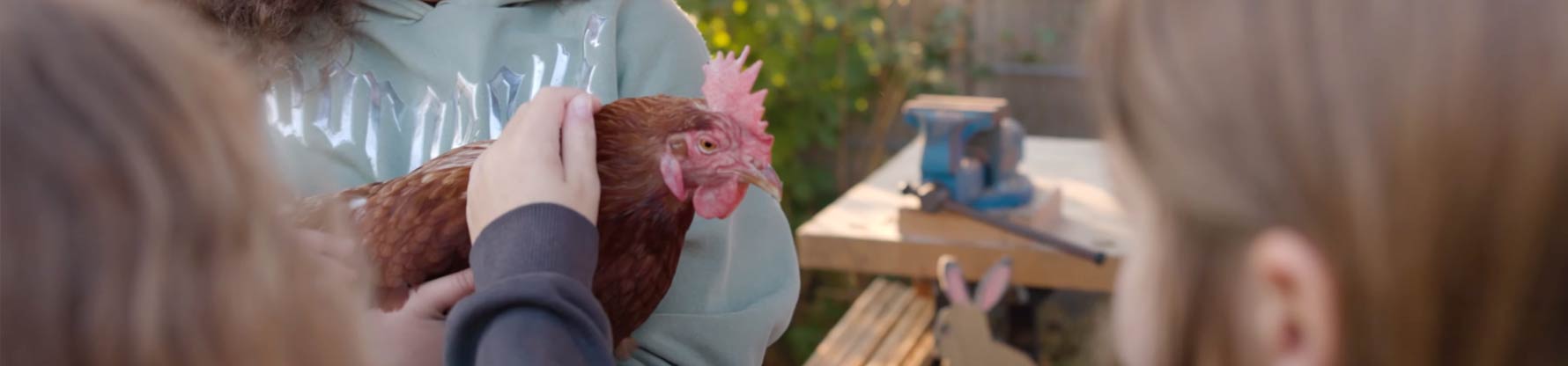 Zwei Kinder streicheln ein Huhn, das bei einem Kind auf dem Arm ist