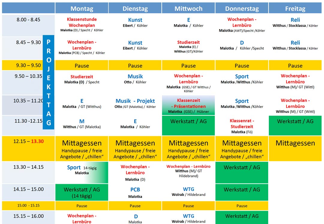 Beispielhafter Stundenplan für eine Woche